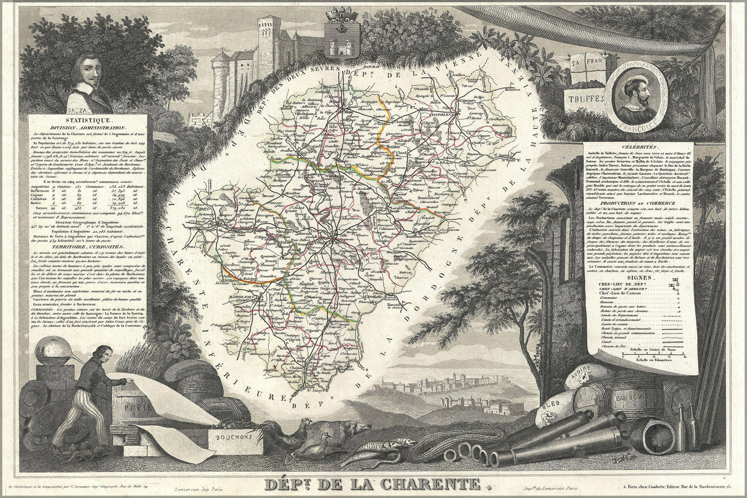 24"x36" Gallery Poster, 1852 Levasseur Map of the Department La Charente, France (Cognac and Pineau Wine Region)
