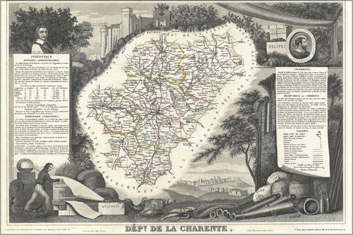 24"x36" Gallery Poster, 1852 Levasseur Map of the Department La Charente, France (Cognac and Pineau Wine Region)