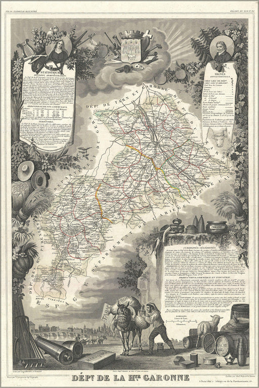 24"x36" Gallery Poster, 1852 Levasseur Map of the Department de La Hautes-Garonne, France (Buzet Wine Region)