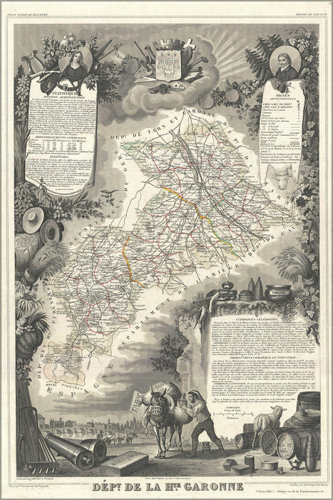 24"x36" Gallery Poster, 1852 Levasseur Map of the Department de La Hautes-Garonne, France (Buzet Wine Region)