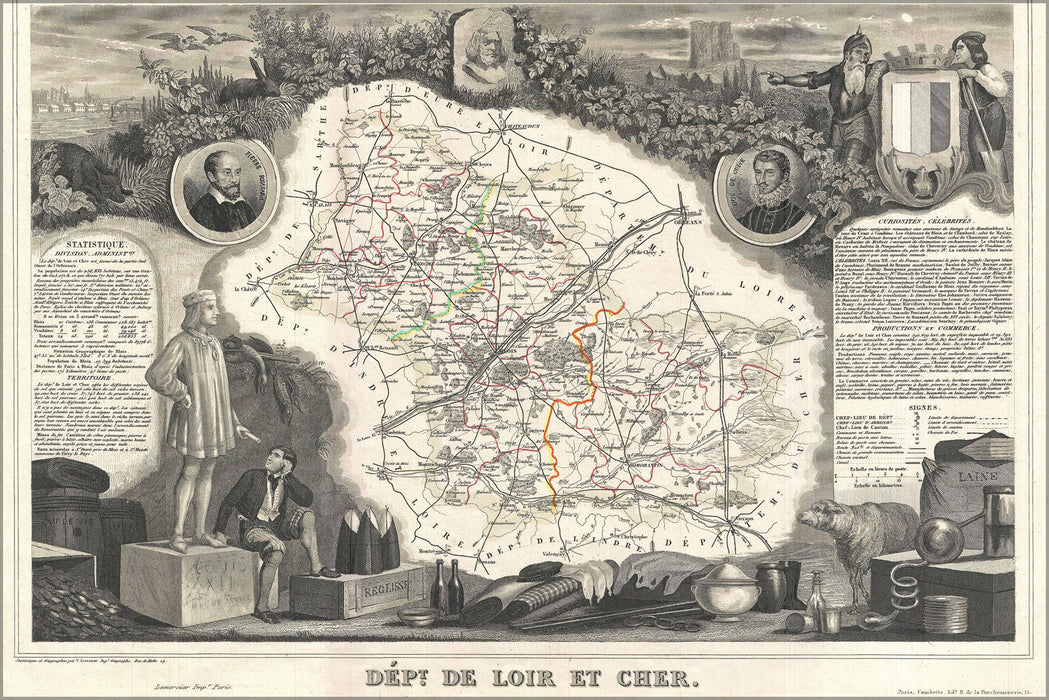 24"x36" Gallery Poster, 1852 Levasseur Map of the Department de Loir-et-Cher, France (Loire Valley Wine Region)