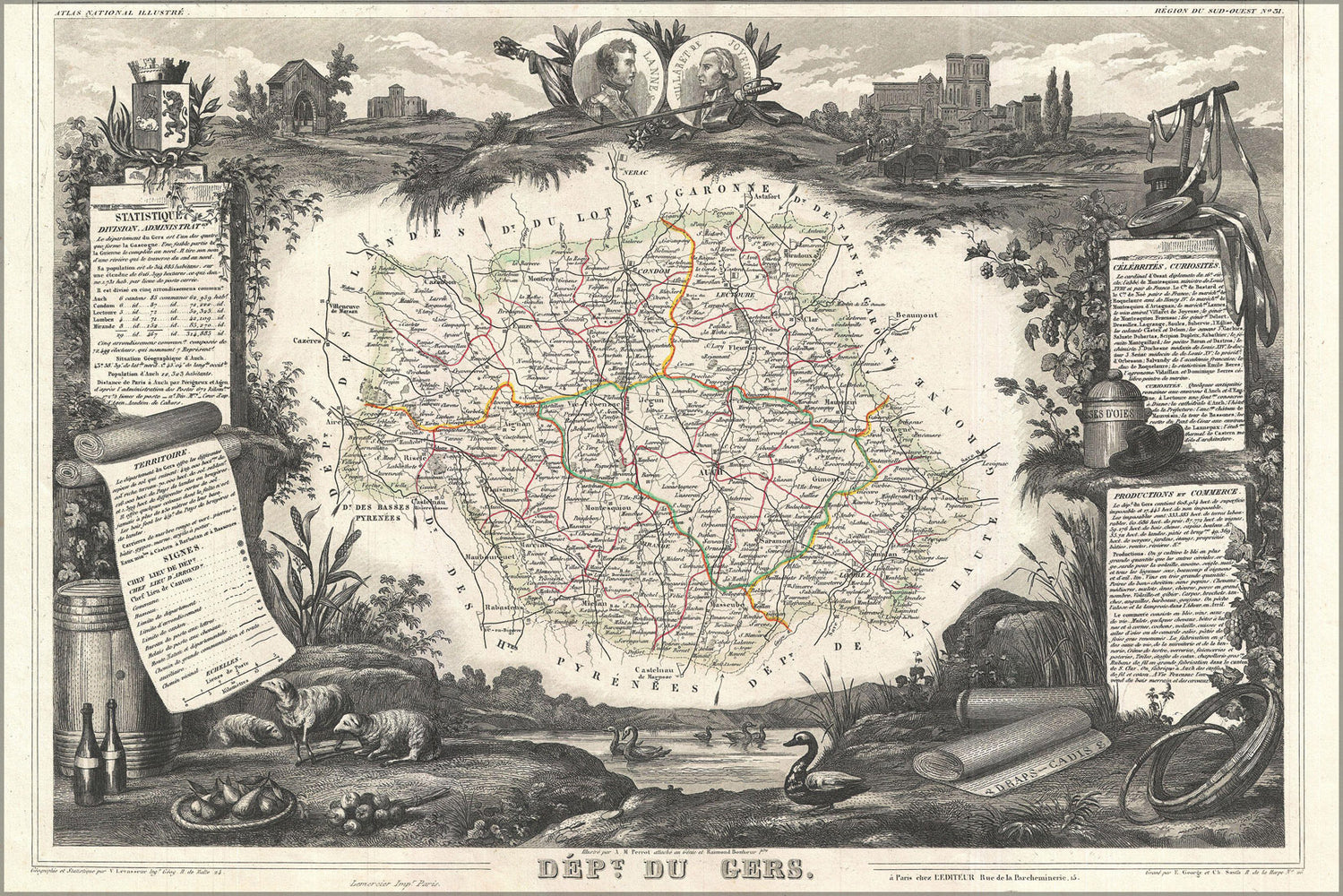 24"x36" Gallery Poster, 1852 Levasseur Map of the Department du Gers, France (Armagnac Region)