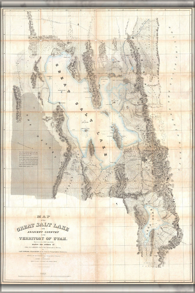 24"x36" Gallery Poster, 1852 Stansbury Map of Utah and the Great Salt Lake