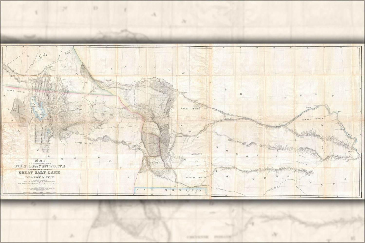 24"x36" Gallery Poster, 1852 Stansbury Map of the Great Salt Lake to Fort Levenworth Route (Colorado, Utah, Wyoming, Kansas)