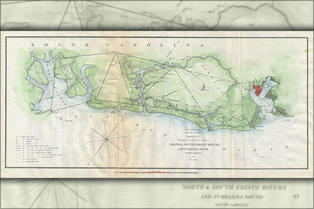 24"x36" Gallery Poster, 1852 U.S. Coast Survey Map of the North and South Edisto Rivers, South Carolina (Charleston)