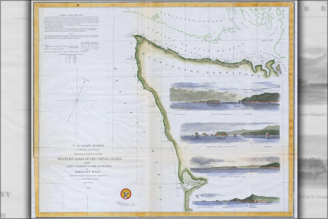 24"x36" Gallery Poster, 1853 U.S.C.S. Map or Chart of Northwestern Washington State ( Vancouver Island )