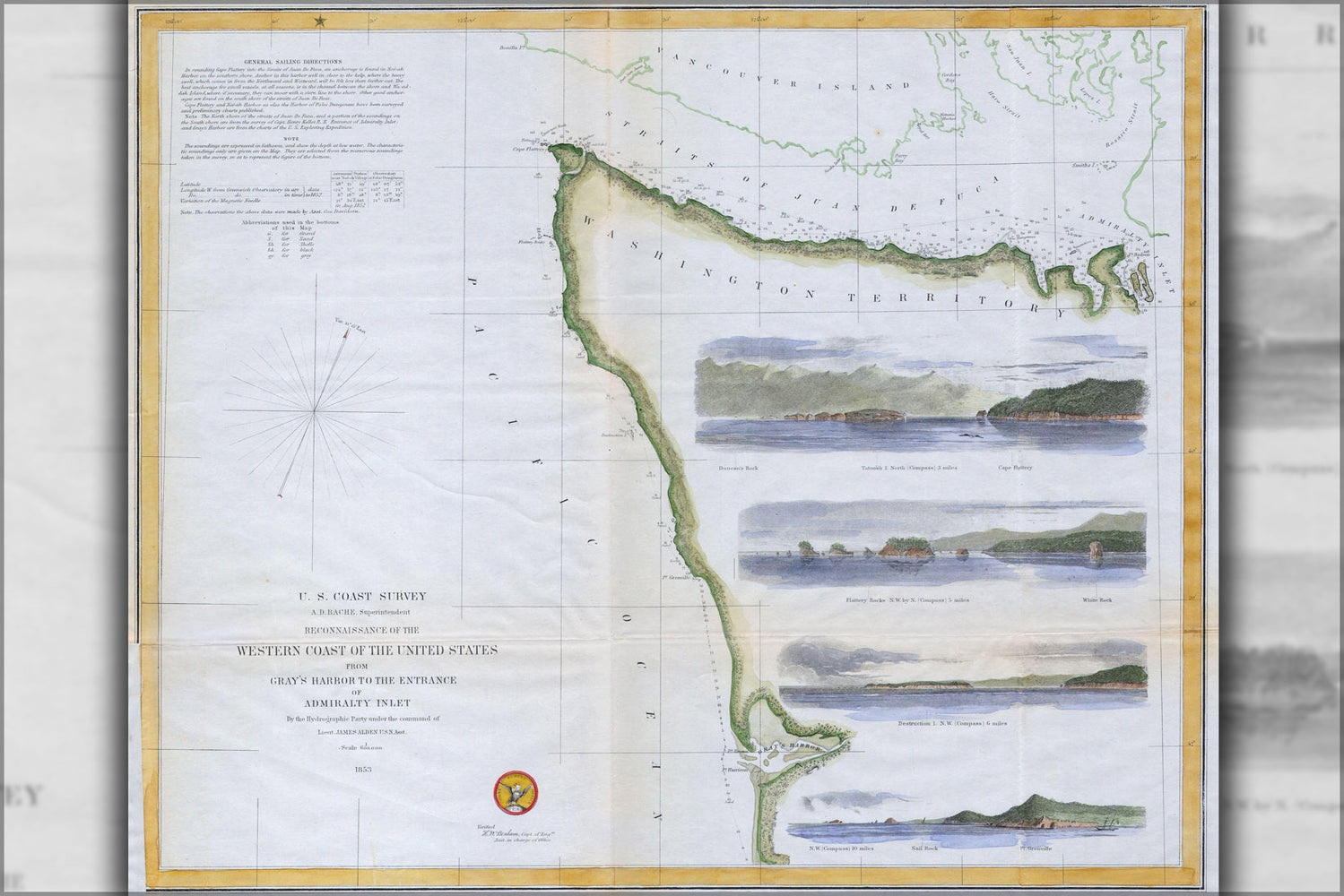 24"x36" Gallery Poster, 1853 U.S.C.S. Map or Chart of Northwestern Washington State ( Vancouver Island )