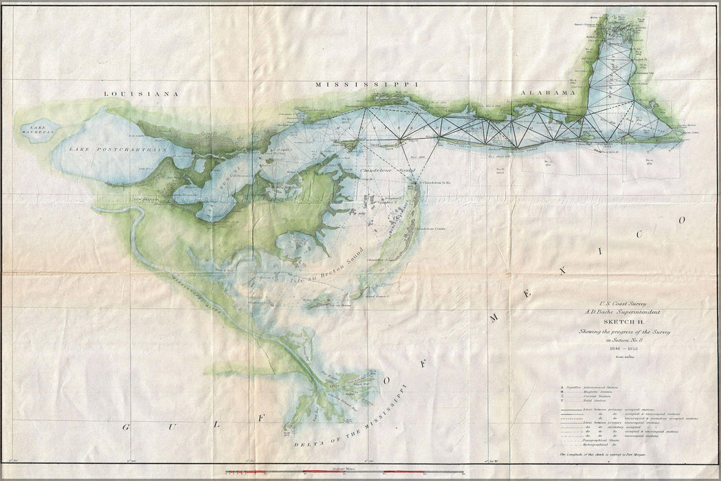 24"x36" Gallery Poster, 1853 U.S. Coast Survey Map of Lake Pontchartrain, New Orleans, and the Mississippi DeltaMissDelta uscs 1852