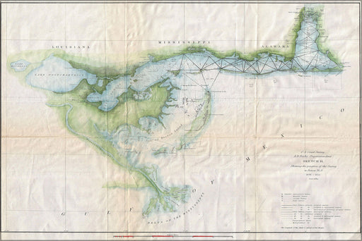 24"x36" Gallery Poster, 1853 U.S. Coast Survey Map of Lake Pontchartrain, New Orleans, and the Mississippi DeltaMissDelta uscs 1852