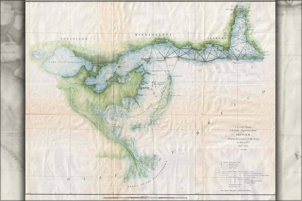 24"x36" Gallery Poster, 1853 U.S. Coast Survey Map of Lake Pontchartrain, New Orleans, and the Mississippi Delta