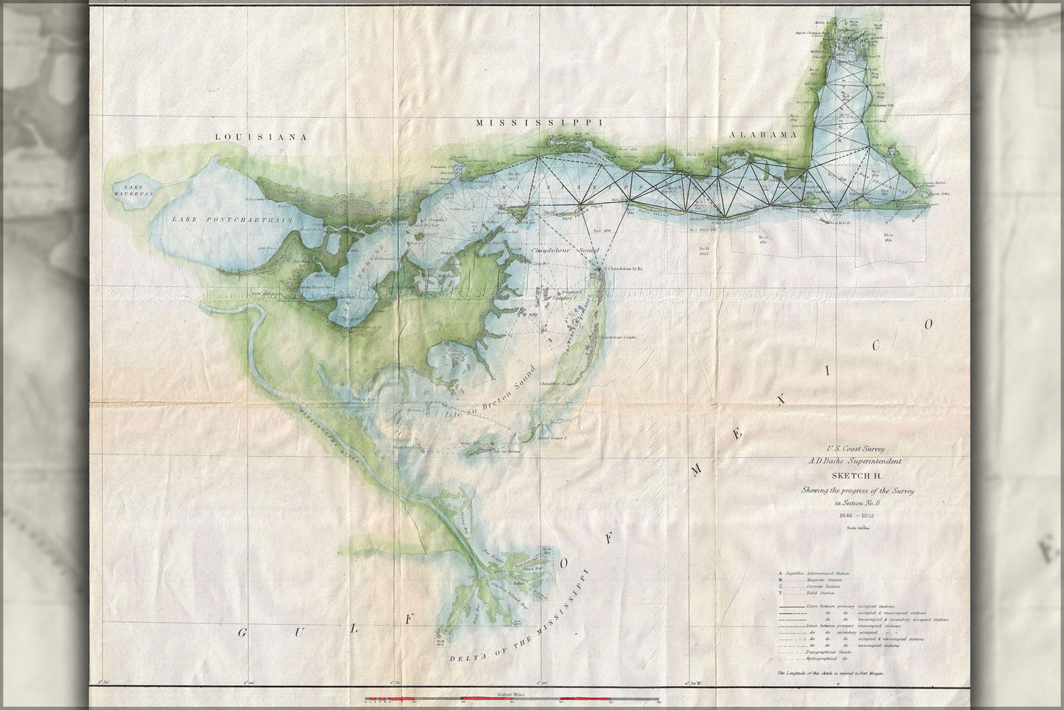 24"x36" Gallery Poster, 1853 U.S. Coast Survey Map of Lake Pontchartrain, New Orleans, and the Mississippi Delta