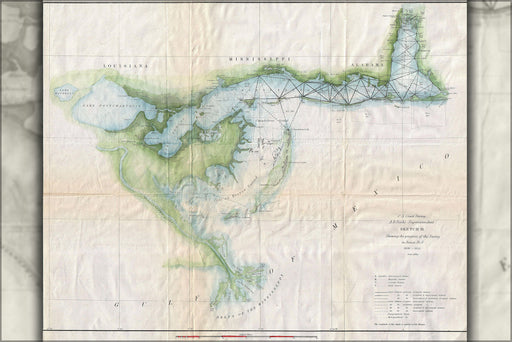 24"x36" Gallery Poster, 1853 U.S. Coast Survey Map of Lake Pontchartrain, New Orleans, and the Mississippi Delta