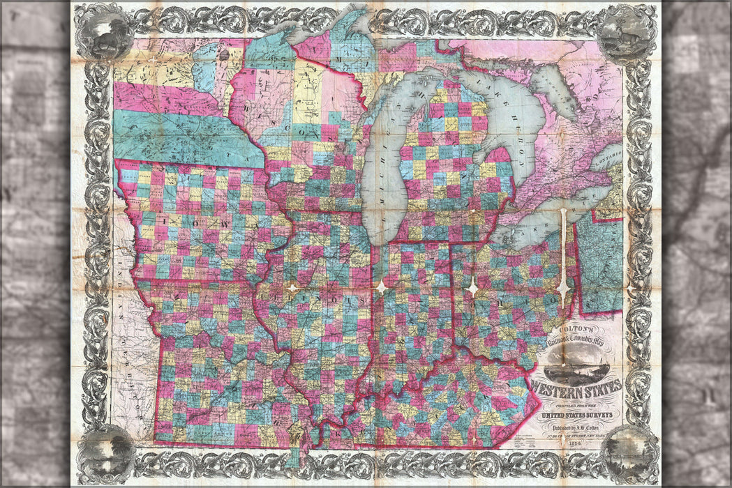 24"x36" Gallery Poster, 1854 Colton Pocket Map of Ohio, Michigan, Wisconsin, Iowa, Illinois, Missouri, Indiana and Kentucky