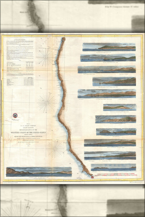 24"x36" Gallery Poster, 1854 U.S. Coast Survey Chart or Map of California and Oregan north of San Francisco
