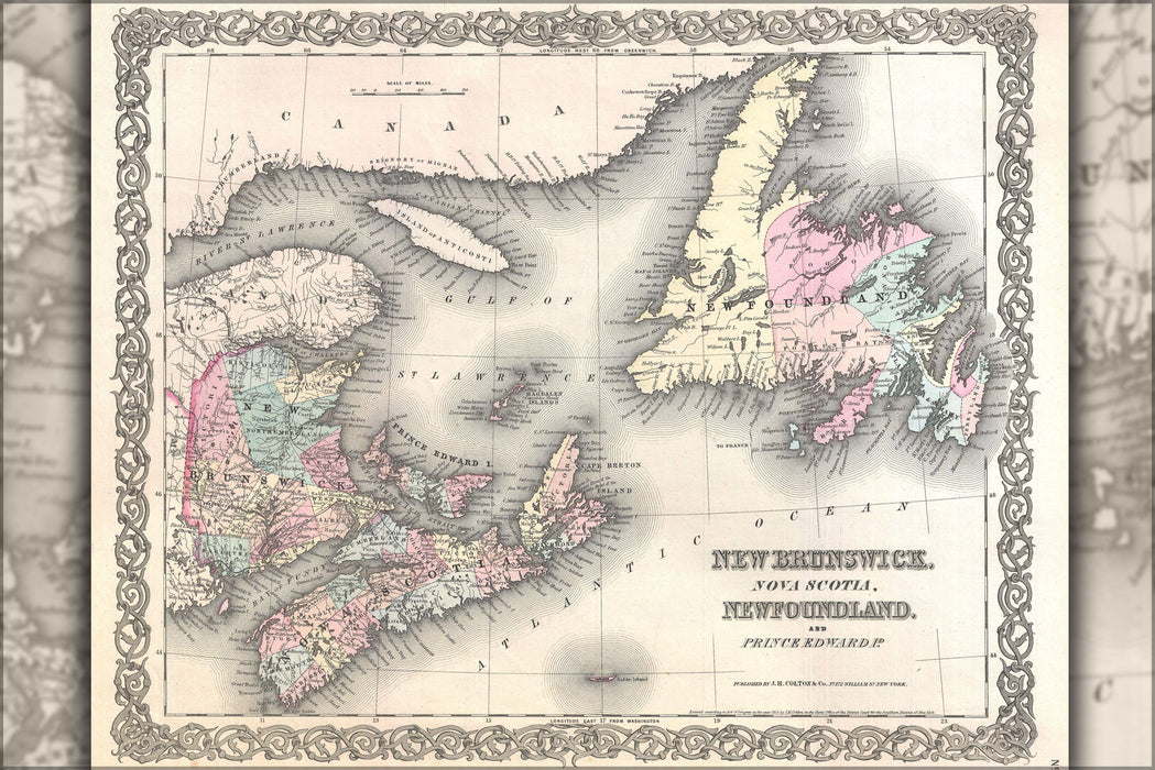 24"x36" Gallery Poster, 1855 Colton Map of New Brunswick, Nova Scotia, Newfoundland and Price Edward Island