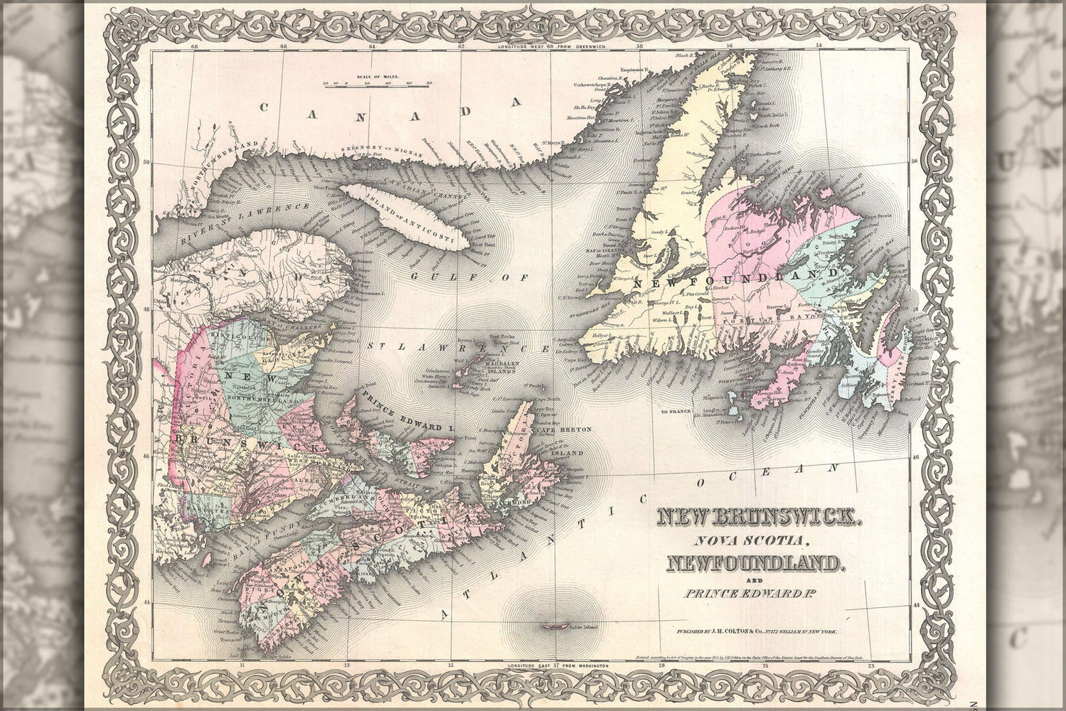 24"x36" Gallery Poster, 1855 Colton Map of New Brunswick, Nova Scotia, Newfoundland and Price Edward Island