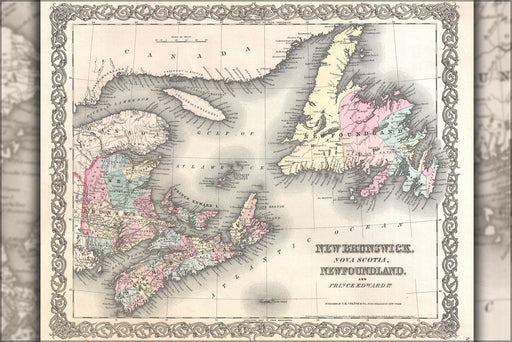24"x36" Gallery Poster, 1855 Colton Map of New Brunswick, Nova Scotia, Newfoundland and Price Edward Island