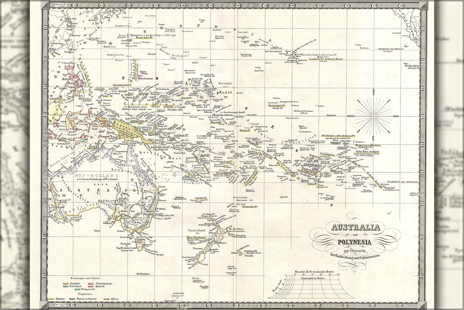 24"x36" Gallery Poster, 1855 Spruner Map of Australia and Polynesia with an overview of Discoveries and Colonization