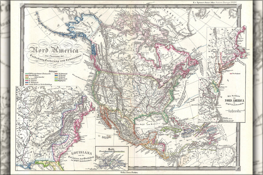 24"x36" Gallery Poster, 1855 Spruner Map of North America - Overview of Discovery, Conquest and Colonization