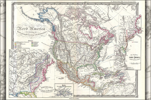 24"x36" Gallery Poster, 1855 Spruner Map of North America - Overview of Discovery, Conquest and Colonization