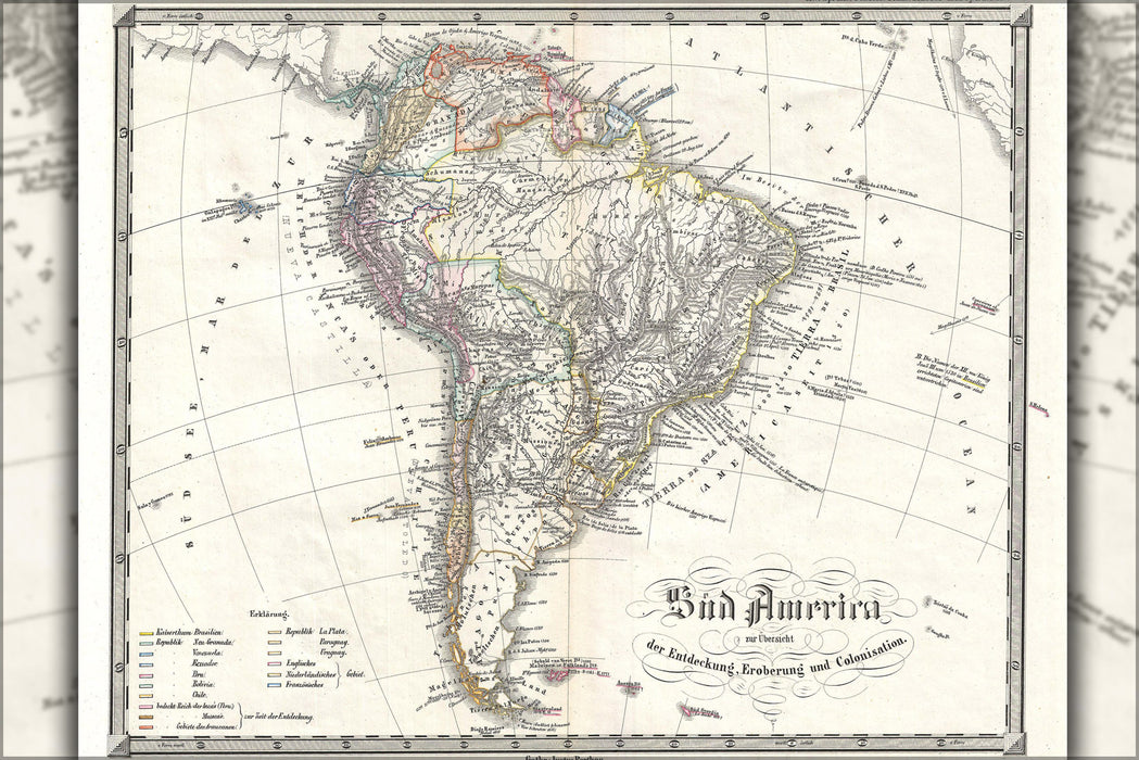 24"x36" Gallery Poster, 1855 Spruner Map of South America - Overview of Discovery, Conquest and Colonization