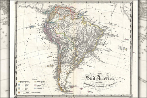 24"x36" Gallery Poster, 1855 Spruner Map of South America - Overview of Discovery, Conquest and Colonization