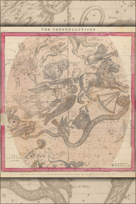 24"x36" Gallery Poster, 1856 Burritt - Huntington Map of the Constellations or Stars in June, May and April