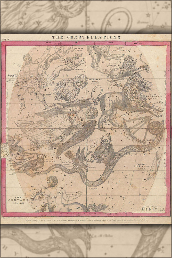 24"x36" Gallery Poster, 1856 Burritt - Huntington Map of the Constellations or Stars in June, May and April