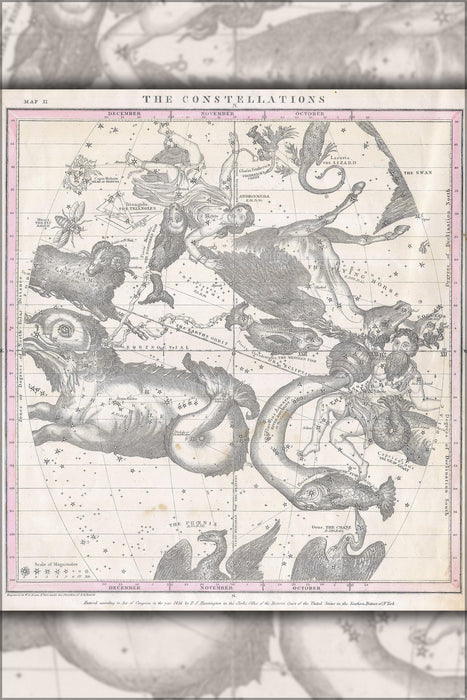 24"x36" Gallery Poster, 1856 Burritt - Huntington Map of the Constellations or Stars in October, November and December