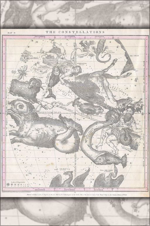 24"x36" Gallery Poster, 1856 Burritt - Huntington Map of the Constellations or Stars in October, November and December