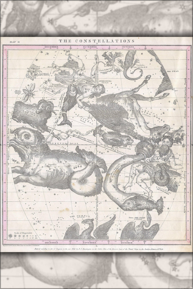 24"x36" Gallery Poster, 1856 Burritt - Huntington Map of the Constellations or Stars in October, November and December