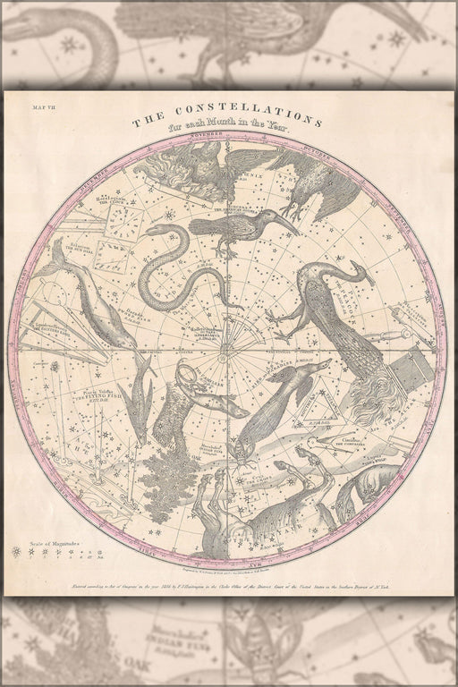 24"x36" Gallery Poster, 1856 Burritt - Huntington Map of the Stars ^ Constellations of the Southern Hemisphere