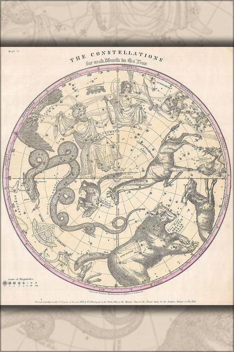 24"x36" Gallery Poster, 1856 star constellation map by month for astronomy & astrology