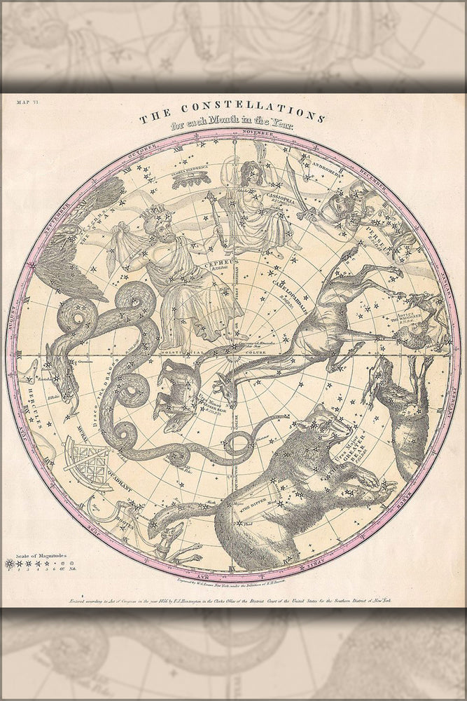 24"x36" Gallery Poster, 1856 star constellation map by month for astronomy & astrology