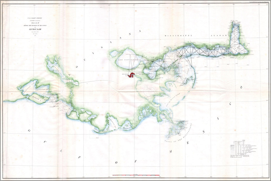 24"x36" Gallery Poster, 1857 U.S.C.S. Map of the Louisiana Mississippi Coast around New OrleansMSLACoast uscs 1857