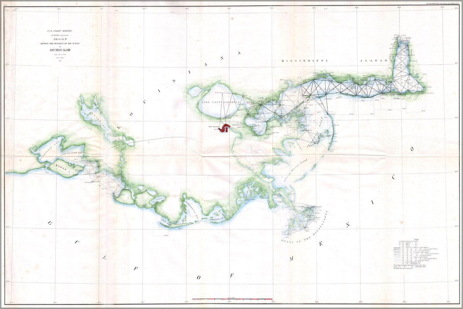 24"x36" Gallery Poster, 1857 U.S.C.S. Map of the Louisiana Mississippi Coast around New OrleansMSLACoast uscs 1857