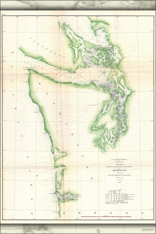 24"x36" Gallery Poster, 1857 U.S. Coast Survey Chart or Map of the Washington Coast, Puget Sound, Vancouver