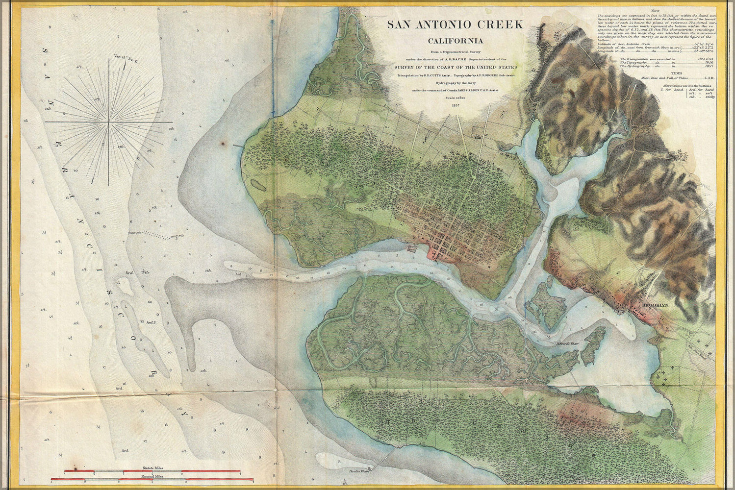 24"x36" Gallery Poster, 1857 U.S. Coast Survey Map of San Antonio Creek and Oakland, California (near San Francisco)