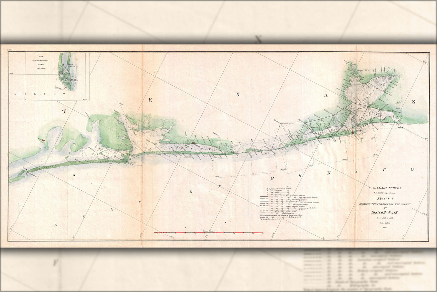 24"x36" Gallery Poster, 1857 U.S. Coast Survey Triangulation Map of Matagorda Bay to Galveston Bay, Texas
