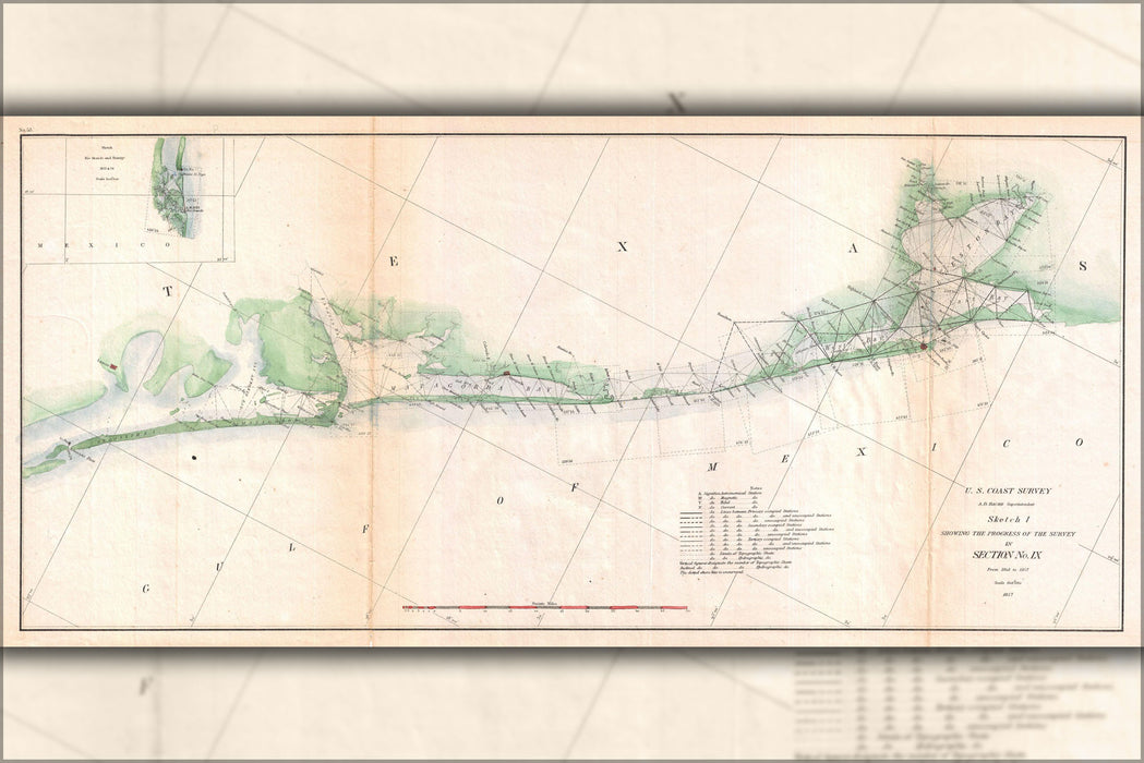 24"x36" Gallery Poster, 1857 U.S. Coast Survey Triangulation Map of Matagorda Bay to Galveston Bay, Texas