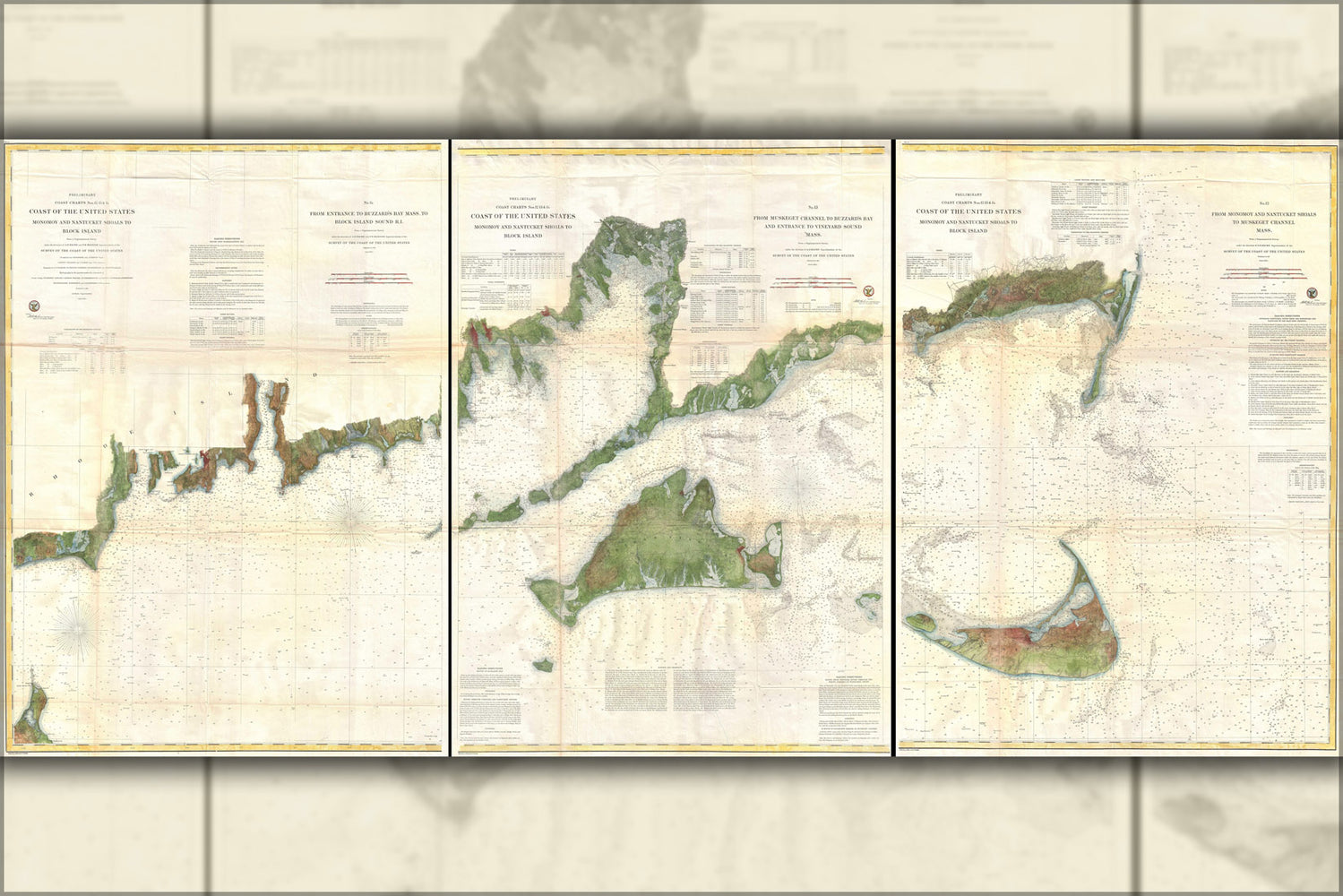 24"x36" Gallery Poster, 1860 Coastal Map of Block Island, Buzzard Bay, Nantucket and Marthas Vineyard