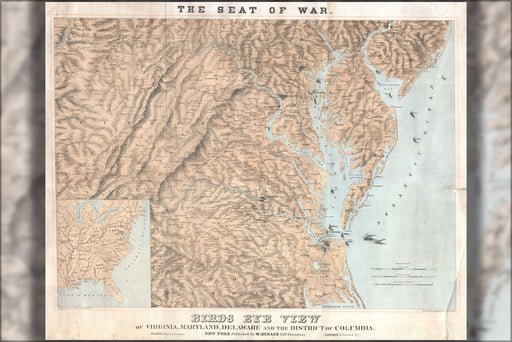 24"x36" Gallery Poster, 1861 Schaus Bird's Eye View Map of Virginia, Delaware, and North Carolina (Seat of War)