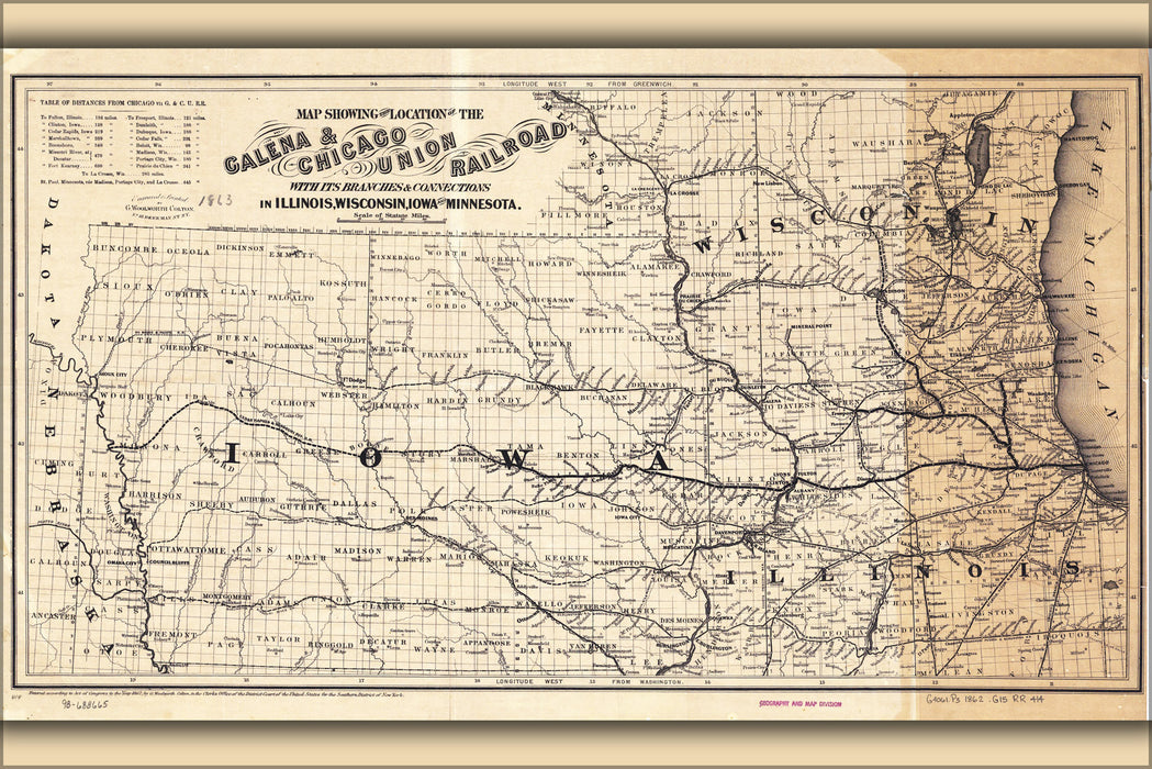 24"x36" Gallery Poster, 1862 Map of the Galena and Chicago Union Railroad