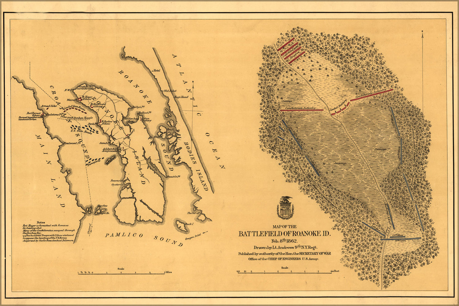 24"x36" Gallery Poster, 1862 civil war map of Roanoke Island battle field