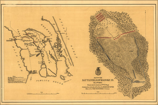 24"x36" Gallery Poster, 1862 civil war map of Roanoke Island battle field