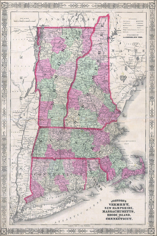 24"x36" Gallery Poster, 1864 Johnson's Map of New England (Vermont, New Hampshire, Massachusetts, Rhode Island and CT)