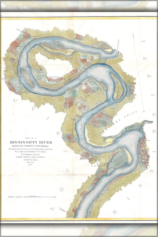 24"x36" Gallery Poster, 1864 U.S.C.S. Chart of the Mississippi River Grand Gulf to New Carthage (Jefferson Davis Plantation)