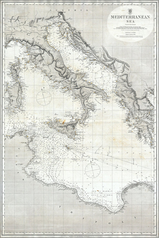24"x36" Gallery Poster, 1868 British Naval Map of the Mediterranean Sea (Italy, Corsica, Greece, Tunisia)