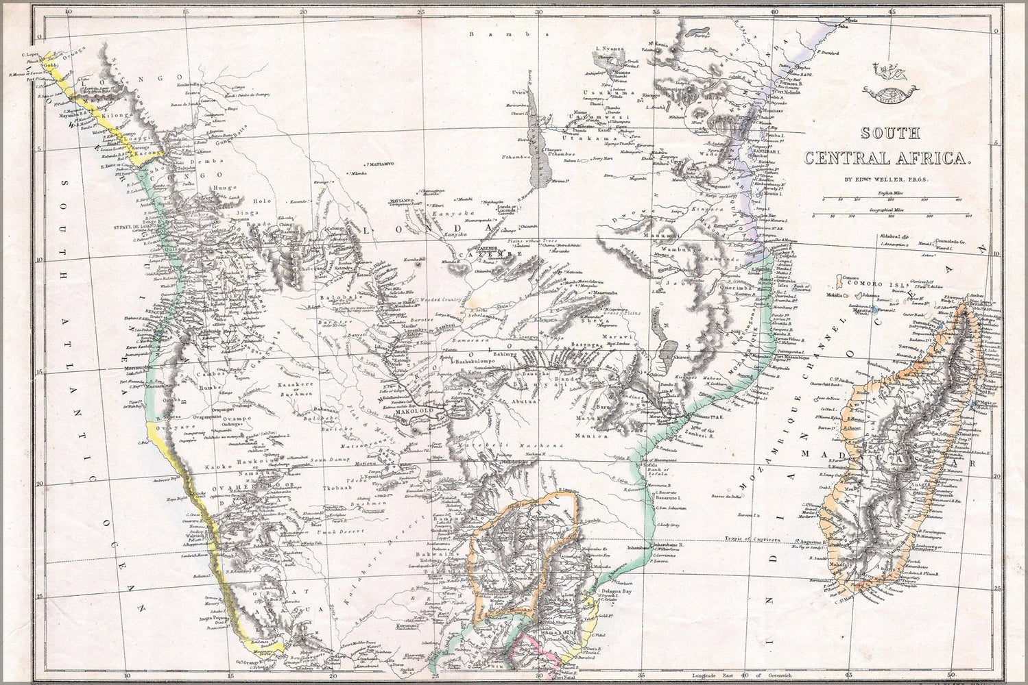 24"x36" Gallery Poster, 1868 Dispatch - Weller Map of South Central Africa ( Angola, Botswana, Tanzania, etc. )