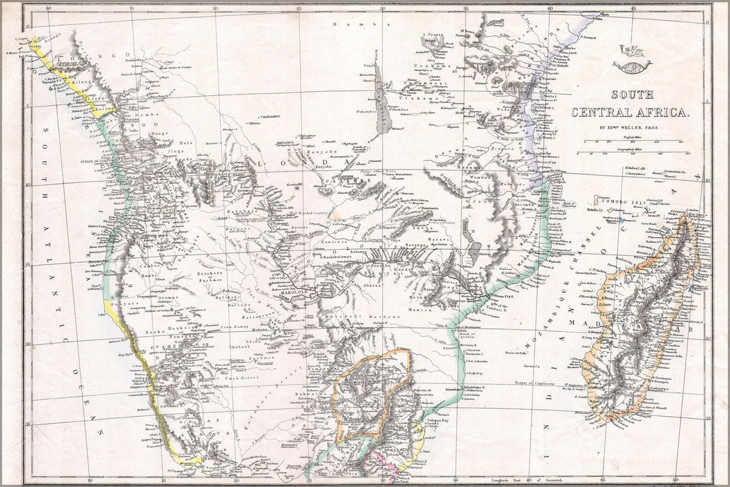 24"x36" Gallery Poster, 1868 Dispatch - Weller Map of South Central Africa ( Angola, Botswana, Tanzania, etc. )